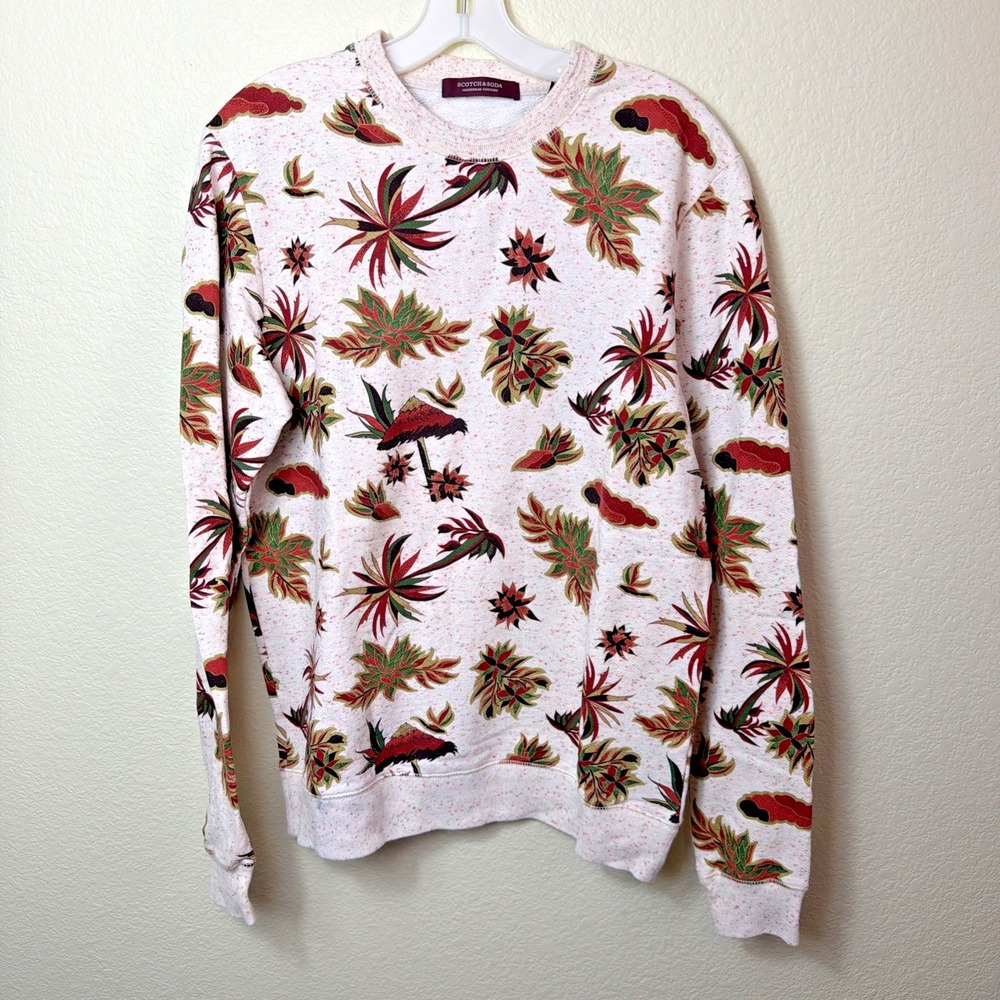 Scotch & Soda Sweatshirt Mens M White Tropical Palm Tree All Over Print Crewneck